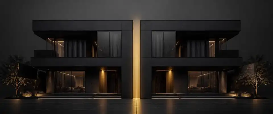 Render de dois volumes arquitetônicos simétricos separados por uma linha vertical de luz dourada.