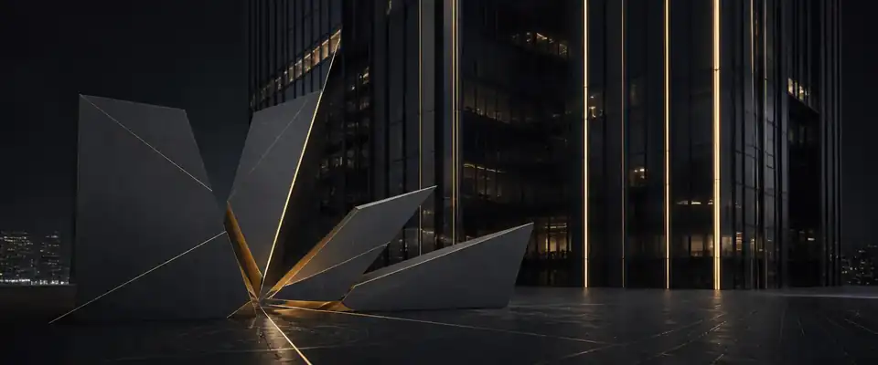 Render de torre corporativa em grafite com planos geométricos separados por linhas douradas.