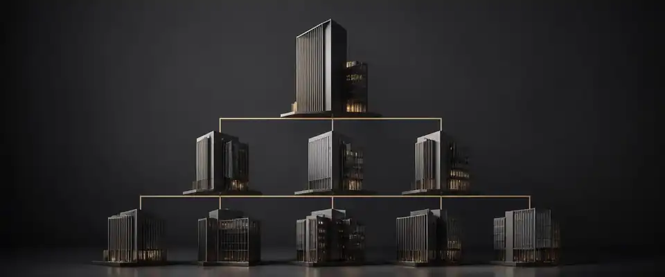 Render de conjunto de edifícios em grafite conectados por linhas douradas em estrutura hierárquica.