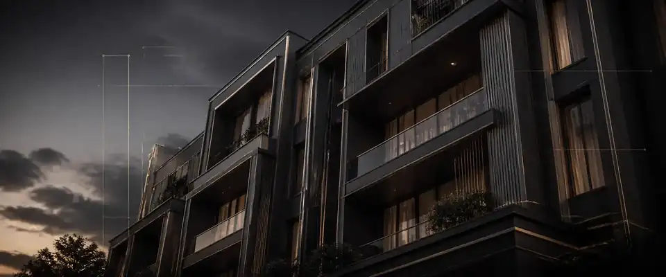 Render de fachada residencial contemporânea em tons grafite com linhas técnicas em ouro fosco.