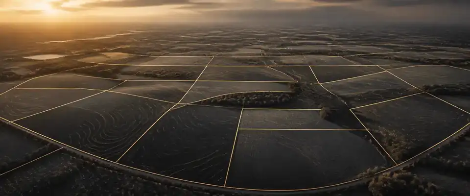 Vista aérea de glebas rurais com divisas geométricas destacadas em linhas douradas.