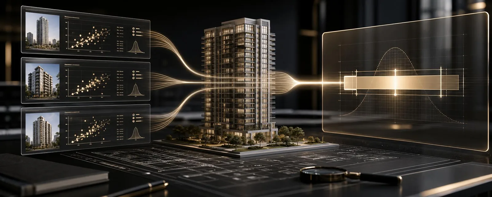 Maquete de edifício sobre planta técnica com painéis de dados de mercado convergindo para uma faixa de valor em destaque